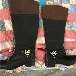 MICHAEL Michael Kors Black and Brown Heeled Boots with Gold Embellishment